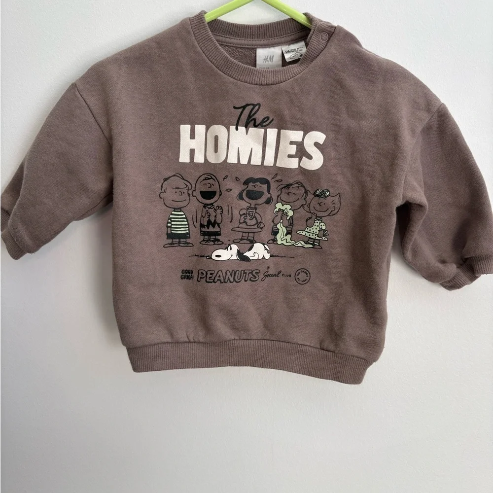 H&M Peanuts Snoopy Homies Sweatshirt 6M Baby Graphic Cozy Brown - Picture 2 of 4